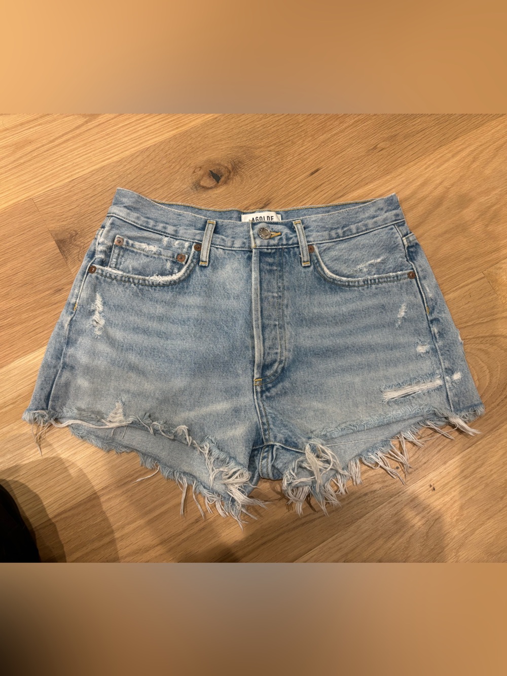 Agolde Light Blue Distressed Denim Jean Shorts